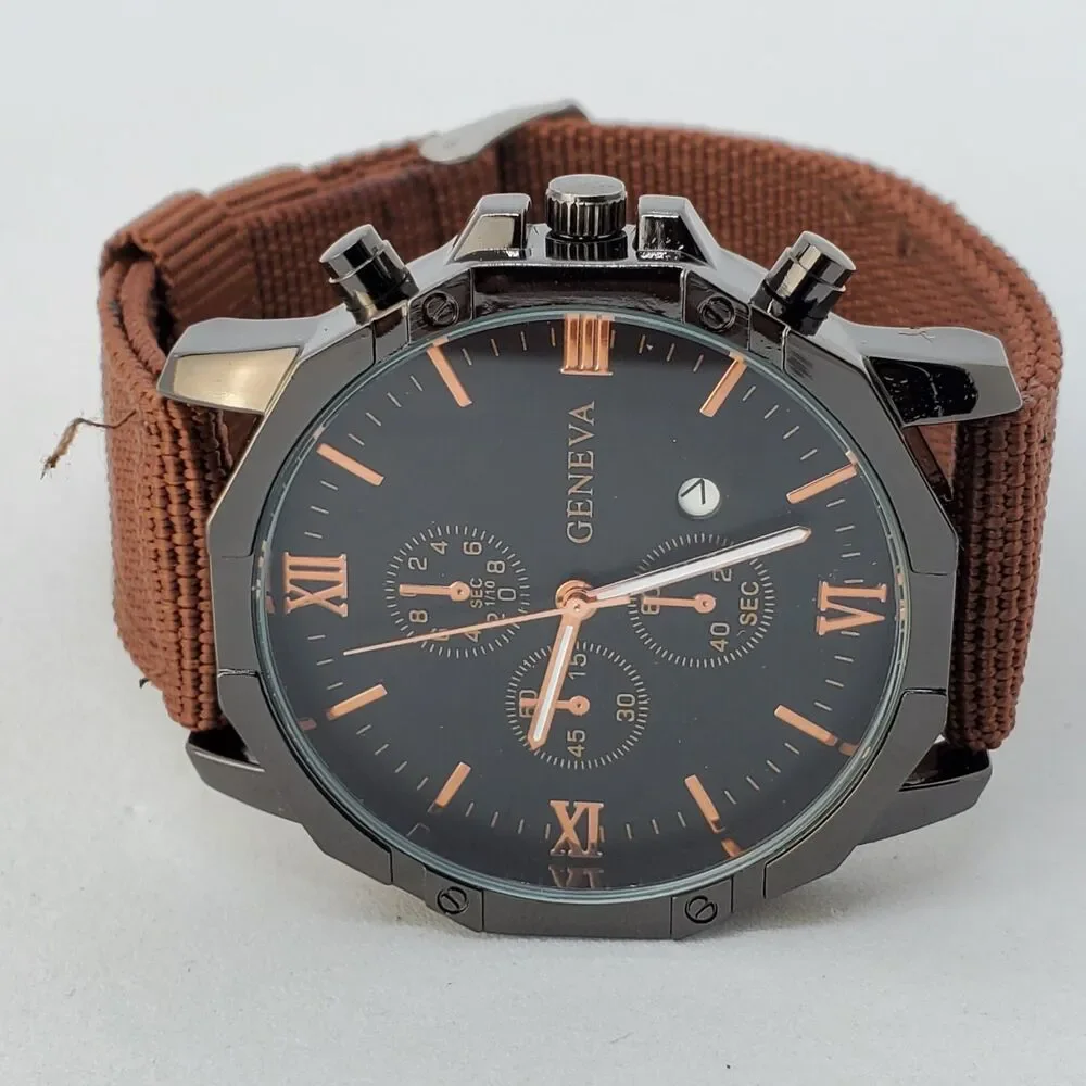 Men's Watch 42MM Black Dial Black Case Brown Canvas Band‎ Straps Date Indicator